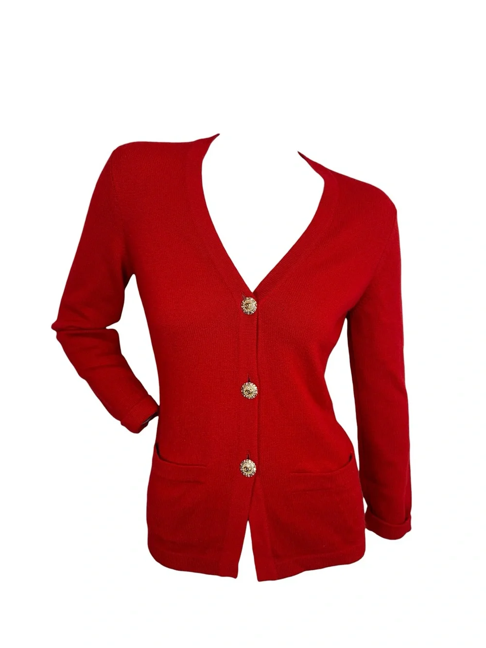 Vintage 90s Chanel Red Cashmere Cardigan Jeweled CC Buttons